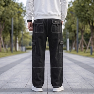 Pantalon cargo noir surdimensionné KhumBro pour homme, coupe large, style streetwear, pantalon utilitaire, coupe ample, sur mesure OEM, pantalon homme - Product Image 4