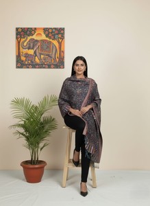 <b>Wool</b> Viscose Floral Feather Shawl Long Ethnic <b>Wrap</b> for Women Winter Solid Color Traditional Style Warming - Product Image 3