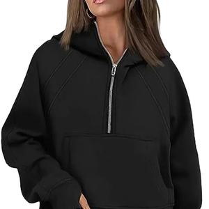 Automne hiver 2025 nouvelle mode décontracté sport demi fermeture éclair à capuche court pull en peluche 100% coton éponge brodé imprimé - Product Image 3