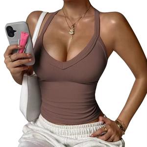 Top Deportivo de Compresión con Cuello Halter en V Profundo, Personalizado al por Mayor, Talla Grande, de Spandex, para Yoga y Entrenamiento, para Mujer - Product Image 1