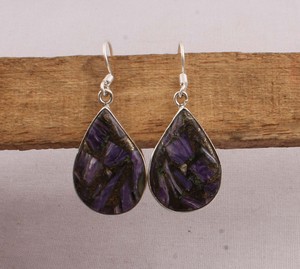 925 <b>Sterling</b> <b>Silver</b> Purple Copper Charoite <b>Earrings</b> Natural Composite Gemstone Teardrop <b>Dangle</b> <b>Earrings</b> Handmade Jewelry Wholesa - Product Image 3