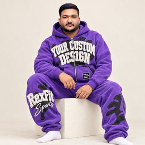 Ensemble de survêtement graphique pour homme avec sweat à capuche zippé et pantalon de jogging ample en molleton, étiquette personnalisée, style streetwear, deux pièces, collection automne - Product Image 1
