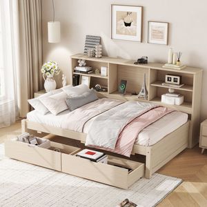 Struttura letto singolo con librerie laterali e due cassetti, porta USB integrata, colore naturale - Product Image 1