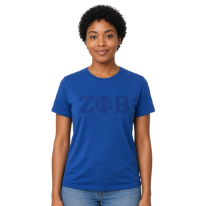 Camiseta Zeta Phi Beta para Mujer, Azul Rey, Azul Marino Tonal, Aplique de Letras Griegas en Sarga, Cuello Redondo ZOB, Manga Corta, Algodón, Camiseta de la Hermandad - Product Image 1