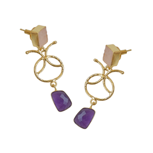 Boucles d'oreilles artisanales en laiton plaqué or avec quartz rose et améthyste, légères, en pierre naturelle, vente en gros - Product Image 4