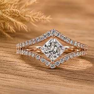 Elegant Princess And Round Cut Diamond Split Shank Ring Solitaire With Accents Half Eternity VVS Lab Grown Diamonds Ring for Her - Product Image 1