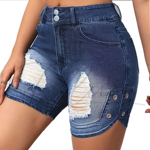 Short en jean droit pour femme, coupe droite, taille mi-haute, respirant, délavé, avec poches latérales personnalisées et imprimé, idéal pour l'été – Nouvelle collection en promotion - Product Image 3