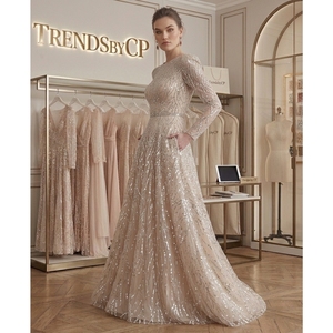 TrendsbyCP Luxury Champagne <b>Sequin</b> Evening Gown O-Neck A-Line Silhouette Handmade Embroidery Regular Sleeve Formal Maxi - Product Image 4
