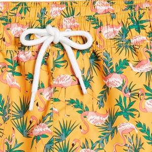 Shorts de bain premium pour hommes |   Short de plage imprimé flamant rose jaune doré, tenue de surf urbaine d'été, ensemble de boardshorts athlétiques - Product Image 4