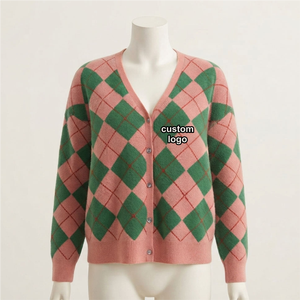 <b>Custom</b> Pink Green Argyle Knitted Cotton Breathable V-Neck Button Sorority Cardigan Women Casual Sweater Long Sleeve Regular Fit - Product Image 5