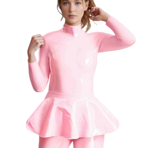 Combinaison longue rose en PU pour femme, col roulé, manches longues, taille froncée, très extensible, style moulant et sexy pour clubbing - Product Image 3