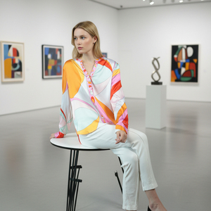 Chemisier en soie à imprimé abstrait coloré pour femmes, haut décontracté à manches longues et <span class=keywords><strong>col</strong></span> en <span class=keywords><strong>V</strong></span> - Product Image 1