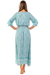 Bohème rayonne imprimé mi-longueur Maxi robe femmes attrayant col en v manches longues tissé bouton plage vacances motif à la mode - Product Image 3