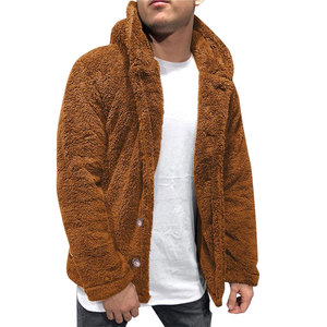 Veste d'hiver épaisse à capuche en fausse fourrure sherpa beige pour homme, fermeture à boutons - Product Image 3