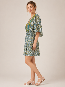 Wholesale Geometric Print Western <b>Dress</b> Deep V Neck Kimono Half Sleeve <b>Elastic</b> Waist Cutout Back Casual Summer Comfortable Wear - Product Image 2