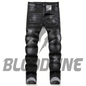 Jean en denim noir pour homme, coupe slim, jambe droite, taille haute, décontracté, en coton mi-lourd, couleur unie, style automne - Product Image 3