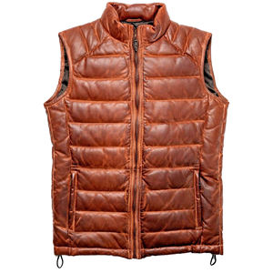Men's <b>Brown</b> Genuine Leather Stand Collar Puffer <b>Vest</b> With Zipper Closure Windproof Casual Winter Outerwear - Product Image 6