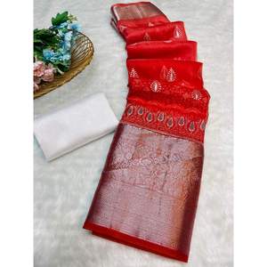 DESIGNER ORGANZA SOIE KORA JACQUARD TRAVAIL SAREE AVEC CHEMISIER NON COUDU ROUGE - Product Image 1