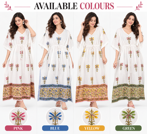 Robe longue kaftan blanche imprimée pour femme avec motifs floraux roses, manches larges et taille à cordon, idéale pour les vacances d'été - Product Image 4