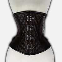 Corset sous-poitrine en cuir marron foncé pour femme avec fermeture à agrafes et crochets argentés, contrôle ferme, chaîne et boucle métalliques latérales