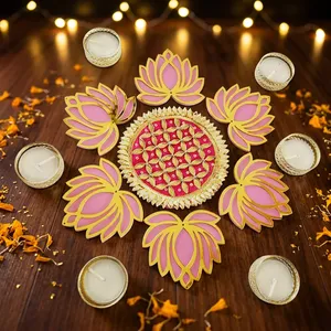 Decoración Rangoli de Loto Rosa Hecha a Mano con Siete Portavelas Dorados para Diwali, Bodas, Festivales, Decoración del Hogar y Pooja - Product Image 4