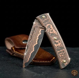 Coltello Tascabile Pieghevole Artigianale in Acciaio Damasco con Manico in Rame, Coltelli da Sopravvivenza e Caccia OEM di Grado Industriale <span class=keywords><strong>Pasha</strong></span> - Product Image 1
