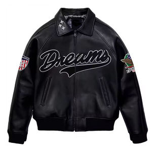 Blouson Bomber en Cuir PU Noir pour Homme avec Broderie et Motifs Appliqués sur le Devant, Col Rabattu, Fermeture Éclair, Automne - Product Image 1