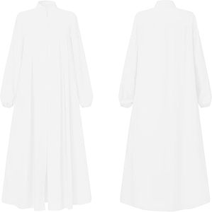 Women White Solid Color <b>Abaya</b> Long Sleeve Stand Collar Floor Length Modest Dress Lightweight Cotton Middle East <b>Prayer</b> Wear - Product Image 5