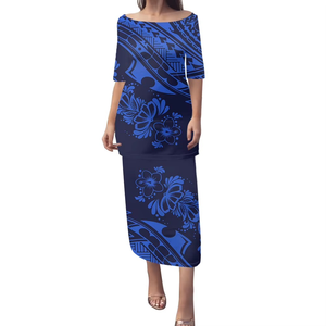 Conjunto de 2 Piezas, Vestido Puletasi Samoano, Estampado Polinesio Tradicional, Vestidos de Sirena con Hombros Descubiertos y Media Manga para Mujer - Product Image 2