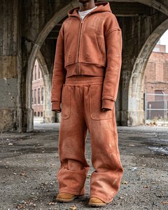 Ensemble streetwear décontracté pour homme, personnalisé, comprenant un sweat à capuche court zippé et un pantalon de jogging, en coton épais délavé à l'acide et effet usé, vente en gros - Product Image 2