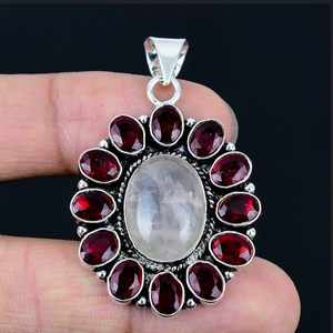 <b>Rose</b> Quartz, Garnet Gemstone Flower Pendant, Floral Necklace, women's jewellery, Handmade Jewelry - Product Image 1