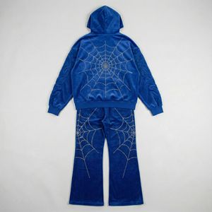 Ensemble de survêtement en velours pour homme avec sweat à capuche et pantalon, motif toile d'araignée en strass, tissu doux, tenue streetwear élégante - Product Image 5