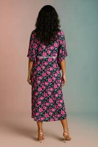 Robe Kimono Élégante en Coton Imprimé à la Main Motif Floral Rose pour Femme, Col en V Chic, Style Bohème, Longueur Midi, Taille Haute, Écoresponsable - Product Image 4