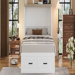 Letto a scomparsa matrimoniale/king-size in stile rustico con stazione di ricarica, piattaforma pieghevole e ampio cassetto contenitore per camere degli ospiti - Product Image 3