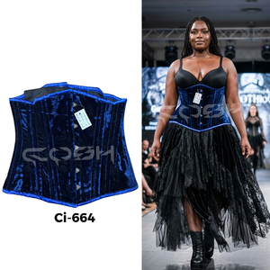 <b>Underbust</b> Steelboned Blue Velvet Corset With Blue Satin Trim With Busk Closure - Product Image 5
