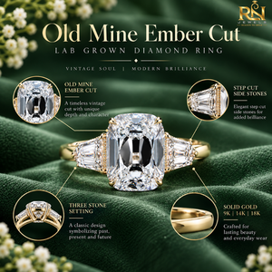 Diamant de laboratoire DEF de type Old Mine Cushion, Or massif 18 carats, 3 pierres |   Bague de mariée de luxe antique avec pierres latérales taillées en escalon et pierres précieuses fines - Product Image 2