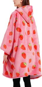 <b>Pink</b> Strawberry Printed Plush Wearable <b>Blanket</b> Hooded Full Length Soft Cozy One Piece Sleepwear - Product Image 3
