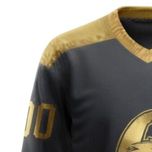 Men Black <b>Gold</b> Sublimated Ice Hockey Printable Polyester V Neck Jersey Long Sleeve Sports <b>Shirt</b> Performance Training Wear - Product Image 6