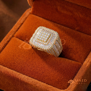18K Gold Plated Tiered Square <b>Ring</b> | Iced Out Baguette & Round Stone Medallion | Hip Hop Gold Statement Band for <b>Men</b> - Product Image 2