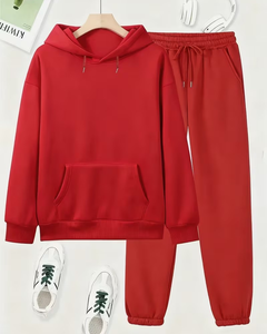 Women Red Hooded Sweatshirt Jogger Set Solid Color Two Piece Tracksuit Casual Regular Fit Full Sleeve Fleece Sportswear - Product Image 6