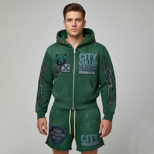 ชุดเซ็ตเสื้อฮู้ดดี้แขนสั้นผ้าคอตตอนหนานุ่มพิเศษสำหรับฤดูร้อน พิมพ์ลายสกรีน ประดับเพชร ซิป ผ้าเฟรนช์เทอร์รี่ แห้งเร็ว ล้างสีแบบแอซิดวอช สไตล์สตรีทแวร์ - Product Image 3