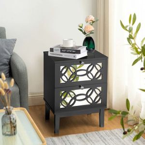FCH 2pcs Black Bedside Table 45*30*60cm MDF with Spray Paint Smoked Mirror Two Drawn Carving Nightstands - Product Image 1