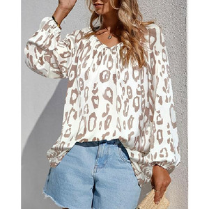 Women Casual Leopard Print <b>Long</b> Sleeve Blouse <b>Top</b> Loose Fit Neck Satin Chiffon Autumn Spring Custom OEM Front Contrast Color - Product Image 3