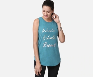 Débardeur sans manches pour femme, vert sarcelle, imprimé feuille d'aluminium « Inhale Exhale Repeat », vêtement de sport décontracté, respirant, en coton tricoté, avec logo frontal - Product Image 1