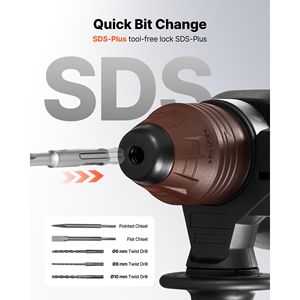 Trapano a percussione elettrico professionale con filo, SDS Plus 1 1/8, 4 funzioni, inclusi 3 punte da trapano e scalpello piatto - Product Image 4