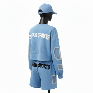 ชุดเซ็ตเสื้อสเวตเชิ้ตผ้าฝ้าย 100% กางเกงขาสั้นสำหรับผู้หญิง ผ้าฝ้ายพรีเมียมผสมโพลีเอสเตอร์เนื้อนุ่ม สีฟ้า แต่งลายปัก พิมพ์ลาย พร้อมปักโลโก้ตามสั่ง ชุดเซ็ตสำหรับผู้หญิง - Product Image 5