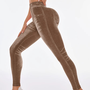 New Women's High Denim Waist Slim Fit Seamless Yoga Pants Stretch Knitted Fitness <b>Leggings</b> Back V-<b>shaped</b> Hip Lifting 2026 - Product Image 4