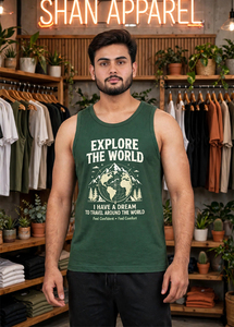 SHAN Herren-Tanktop mit O-Ausschnitt in Grün, atmungsaktive Baumwoll-Muskelweste, Explore The World, lässiges, ärmelloses Hemd mit Grafikdruck - Product Image 4