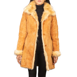 2026 Hot Sale Custom Women's Beige Shearling-<b>Lined</b> Sheepskin <b>Coat</b> Premium Soft Wool Interior Aviator Style Jacket for Autumn - Product Image 3