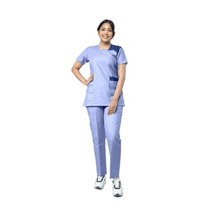 Women's Blue <b>Scrub</b> Set Short Sleeve Top With Pockets Hospital Uniform Woven Cotton Polyester Blend - Product Image 1